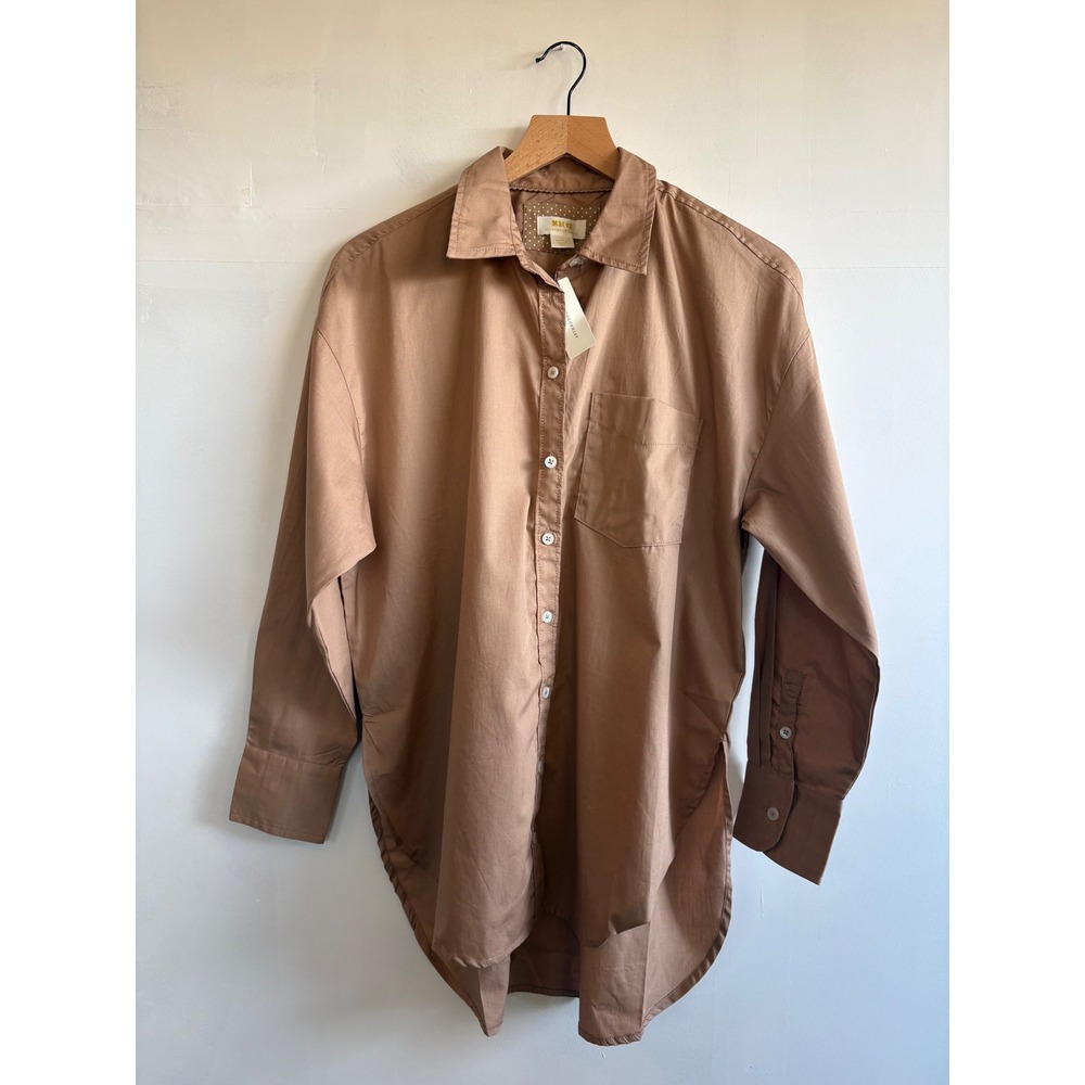 Maeve Anthropologie W- S Tan Cotton Oversized High Low Button Shirt minimalist.